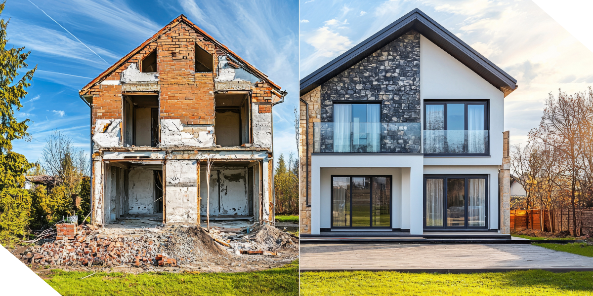Before and after image of a investment property renovation, showing a dilapidated structure and a newly built modern home. 
