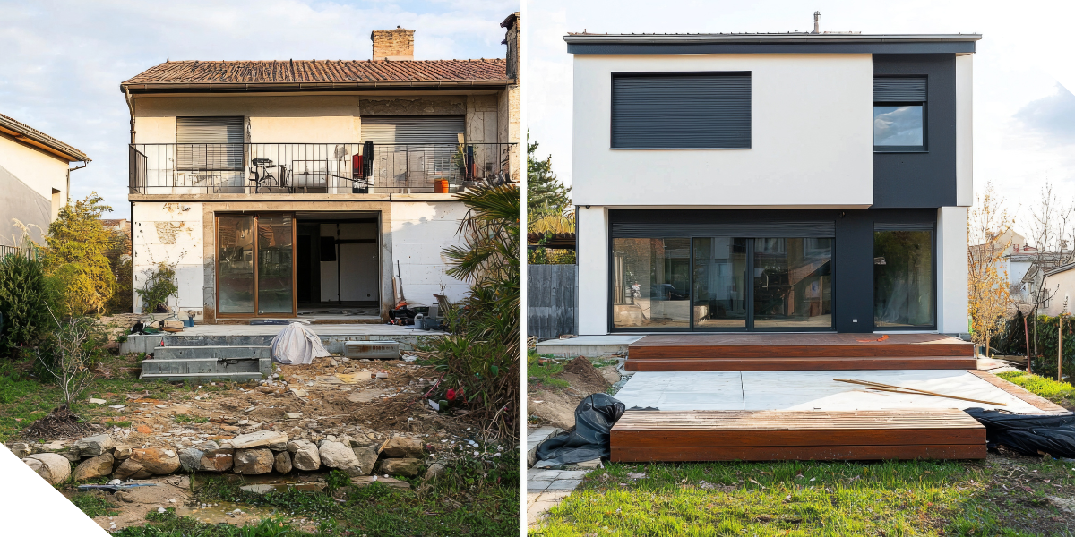 A before-and-after view of an investment property renovation, showing a worn-down property on the left and a modern updated design on the right. 