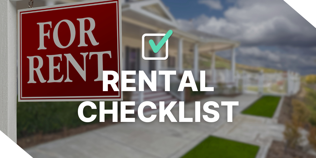 A red 'For Rent' sign in front of a real estate investment house, with the text 'Rental Checklist' and a checkmark symbol.