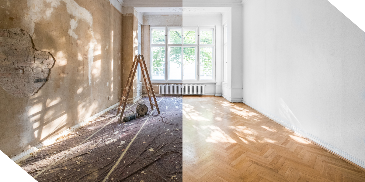 A room split in half: one side shows bare walls and a ladder, while the other is bright and clean with a polished new floor installation. 