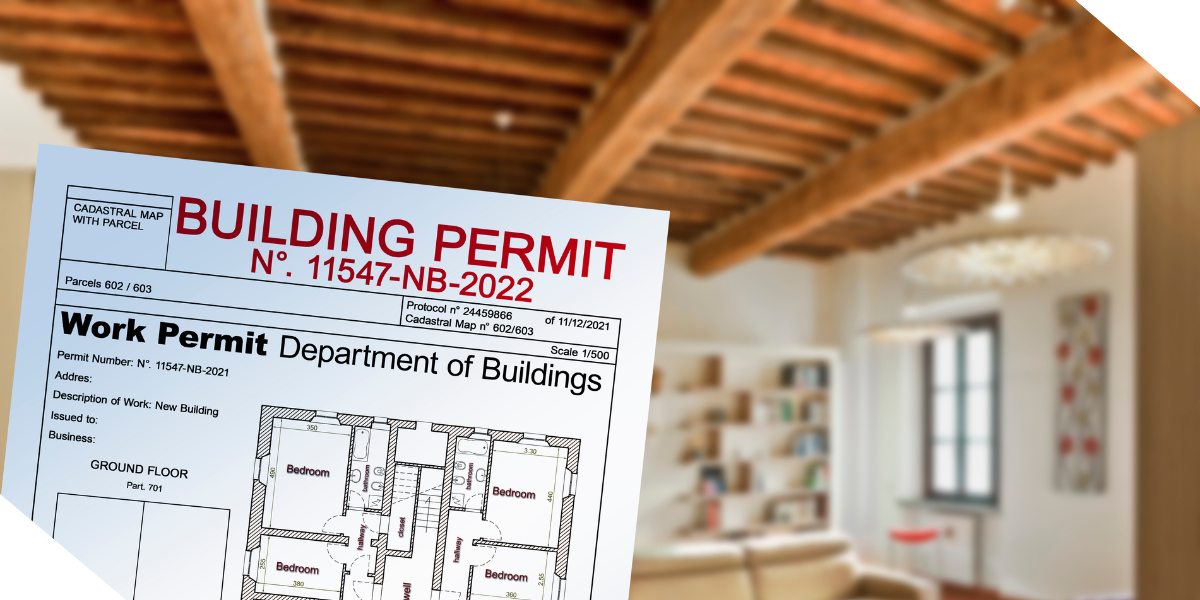 A building permit document showing a floor plan with bedrooms, set against a cozy interior for a fix-and-flip property.