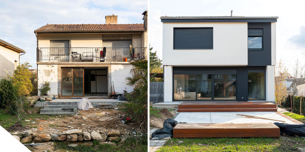 Before and after views of a completed fix-and-flip property. Left shows an old, worn design; right shows a modern, sleek exterior with a deck.