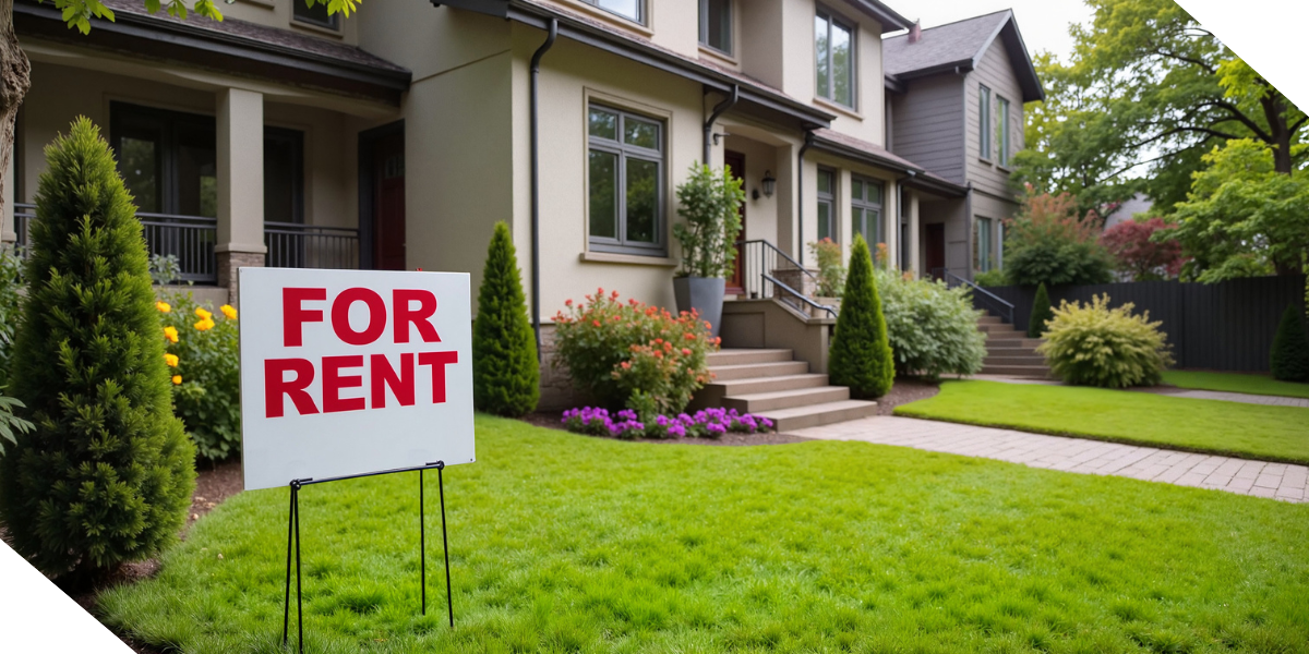 An investment property for rent with a sign in the front yard, surrounded by green grass and colorful flowers.