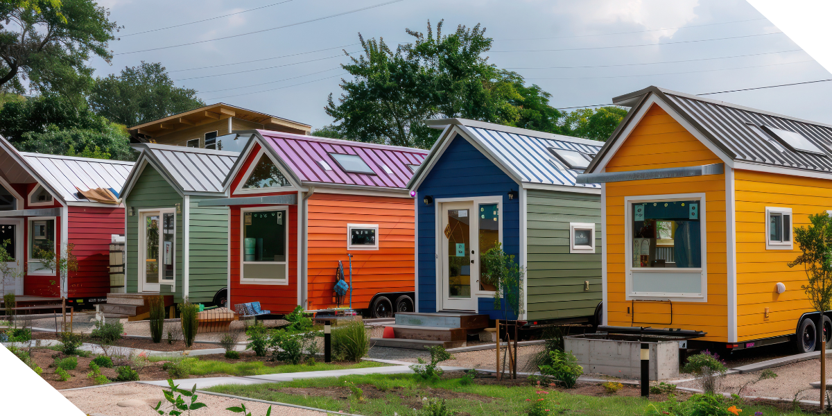 Five colorful, tiny houses in a row, surrounded by greenery and a garden, are perfect real estate investment properties.