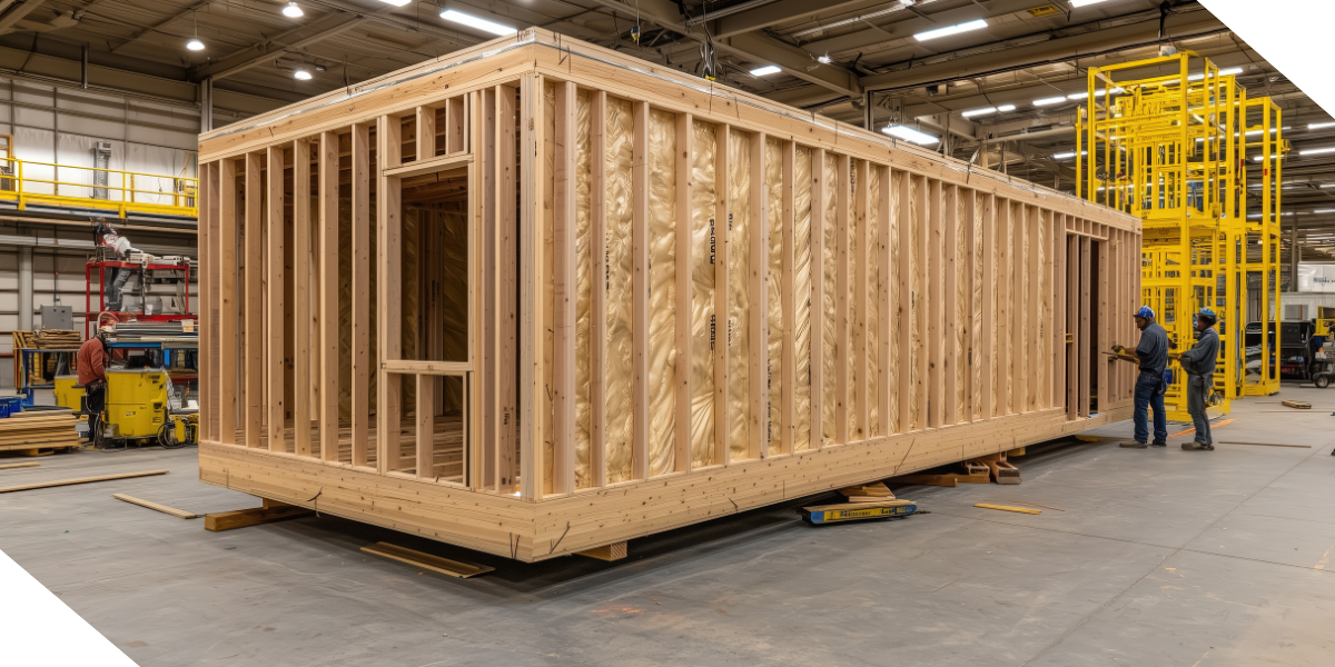 A modular real estate investment property under construction, with exposed framing, two workers nearby, and scaffolding in the background.