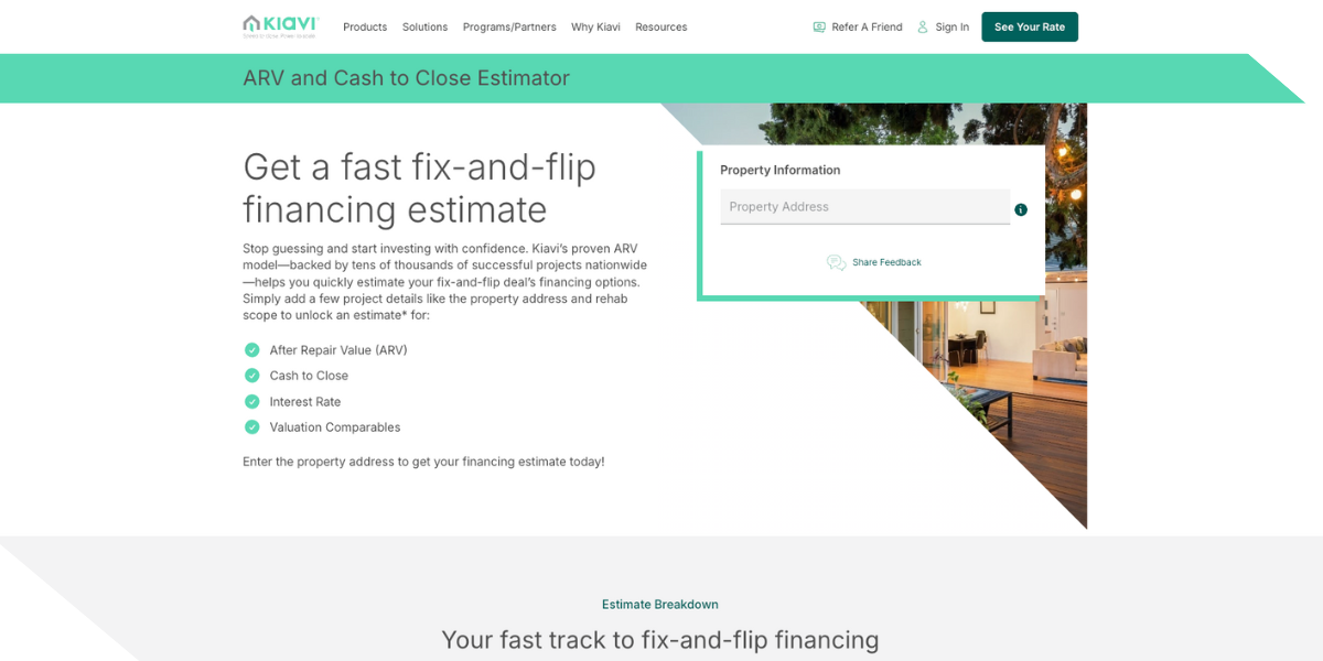 Kiavi's website features their ARV and Cash to Close Estimator calculator, designed for real estate investors.