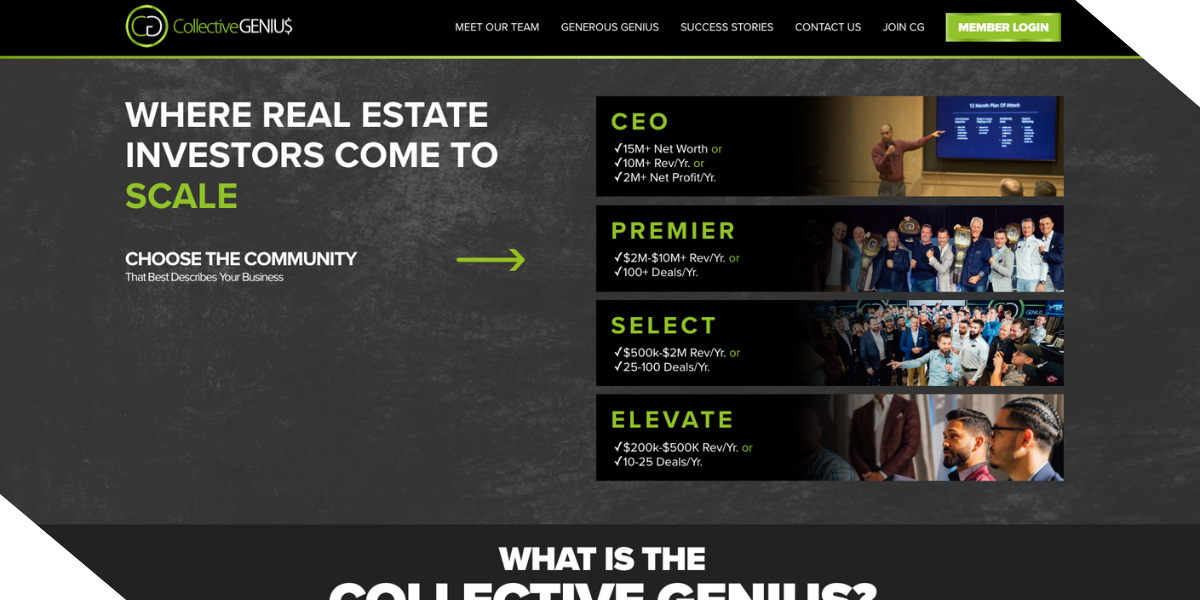 Website for Collective Genius, a real estate investor community with membership options. 
