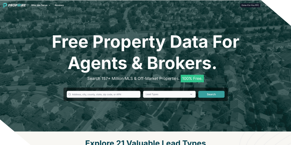 Website homepage for PropWire, offering free property data for real estate agents and brokers. 