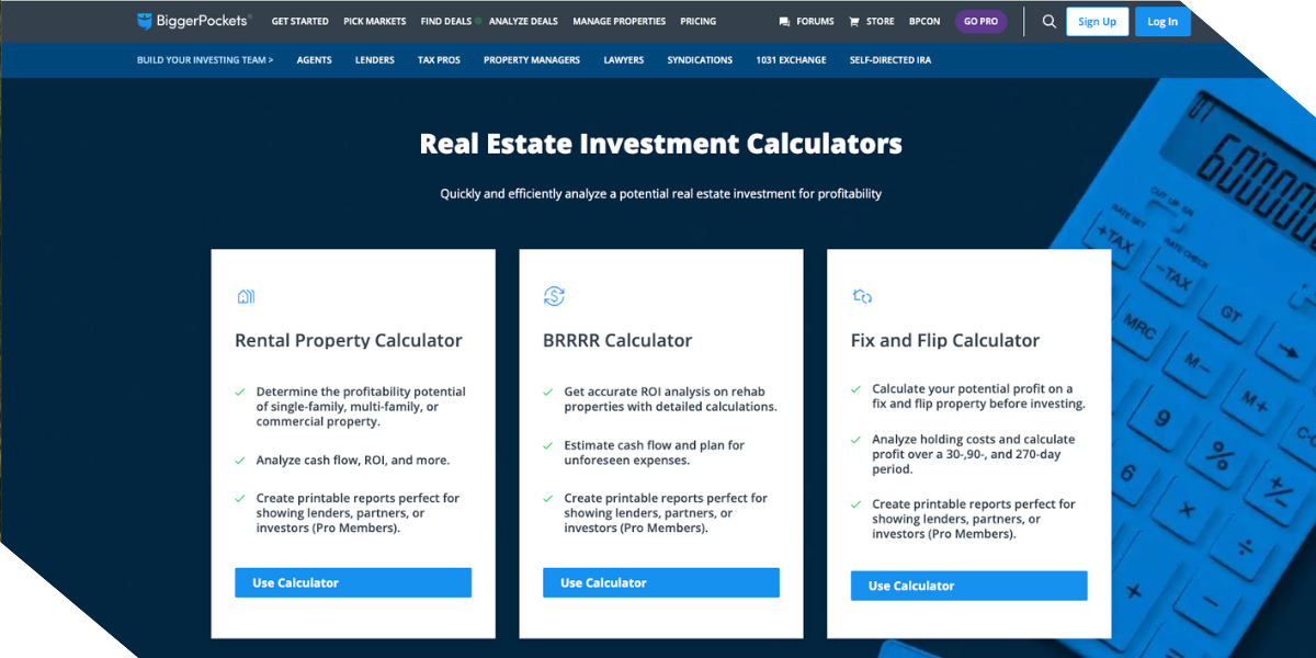 Three real estate calculators on the BiggerPockets website: Rental Property, BRRRR, and Fix and Flip, with features listed below each.