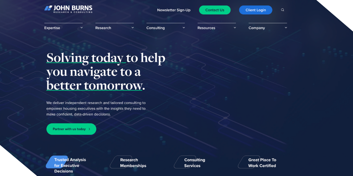 Homepage of John Burns Research & Consulting, a resource for real estate investors to access market data and insights to make informed decisions.
