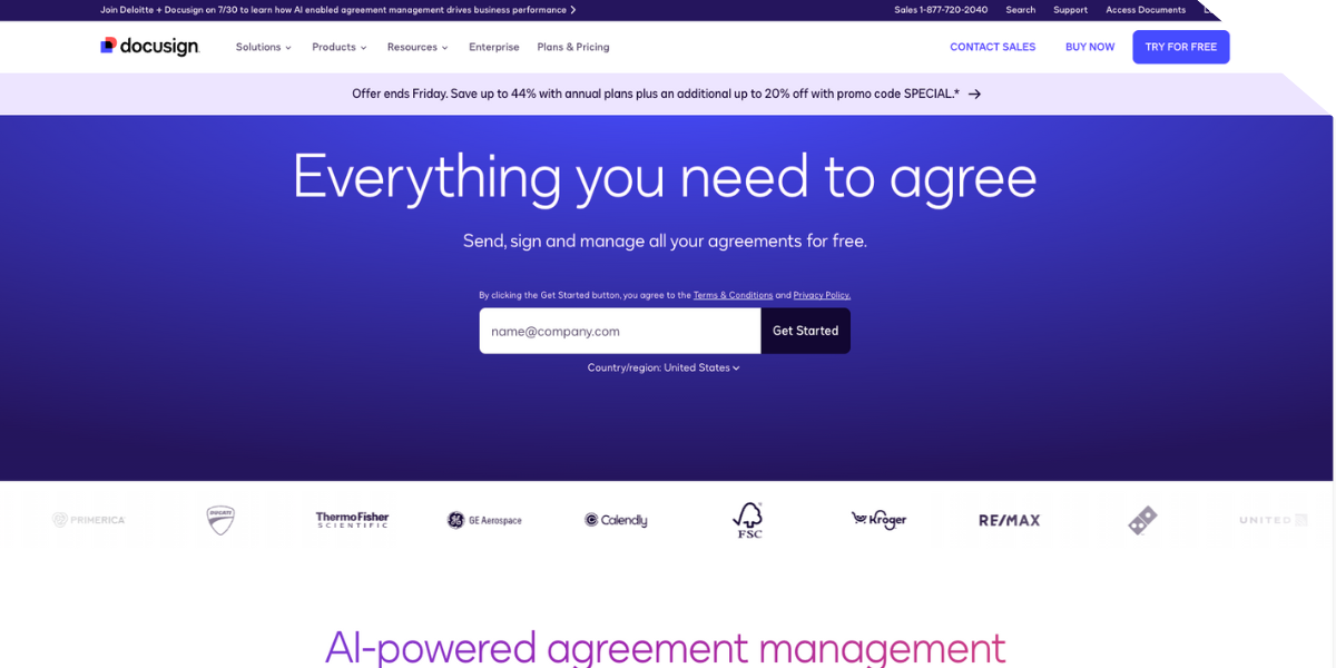 DocuSign homepage with a purple gradient, a heading for agreement management, and a sign-up form. 