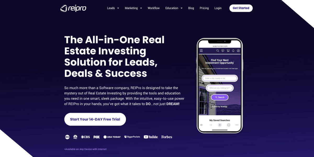 A mobile screen displaying REIPro's real estate investment search features on a purple background. 