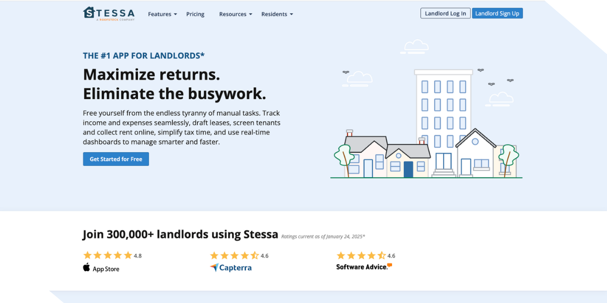 Website homepage for Stessa, an app for landlords to manage properties and finances easily. 