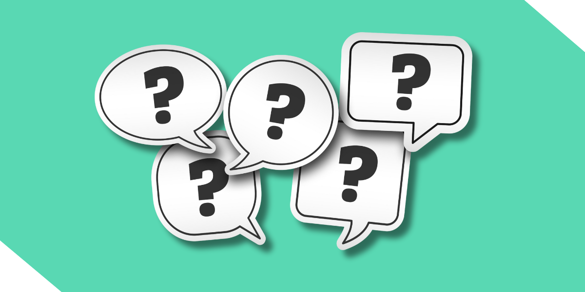 Five speech bubbles with question marks on a Kiavi seafoam green background.
