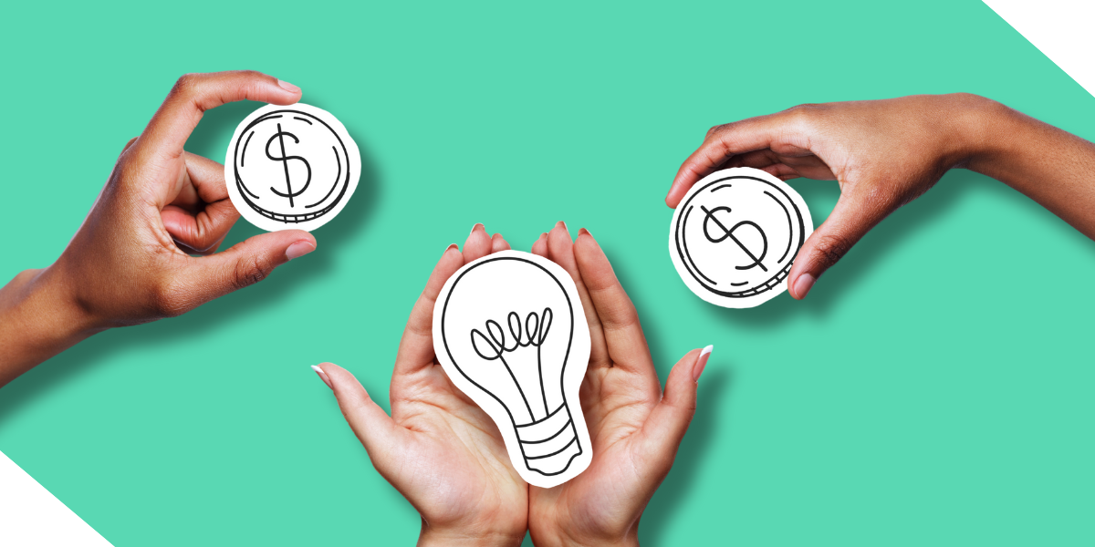 Two hands holding money and a light bulb set against Kiavi's signature seafoam green background.