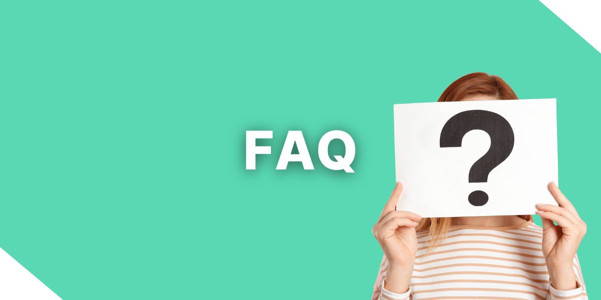 White FAQ letters representing Frequently Asked Questions, are displayed with a background of seafoam green and real estate investor holding a paper question mark.