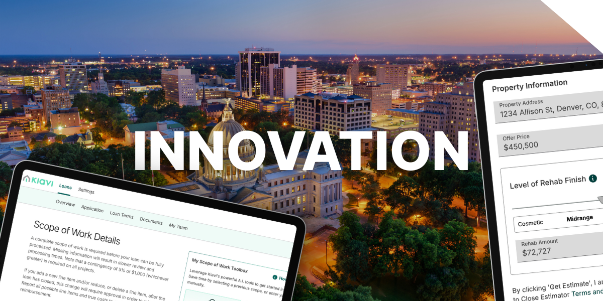 Image of two tablets revealing Kiavi’s AI SOW Upload, and Kiavi’s ARV and Cash-to-Close Estimator. A picture showcasing real estate in Jackson, Mississippi, which is one of the 17 new states Kiavi began supporting in 2025, is in the background. The text "INNOVATION" is overlaid on the image.
