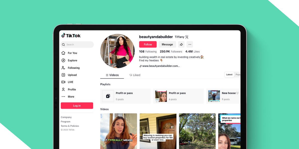 TikTok profile @beautyandabuilder, featuring Tiffany Da Silva, a real estate investor, social media influencer, and Kiavi customer, with 250.9K followers and 4.4M likes. 