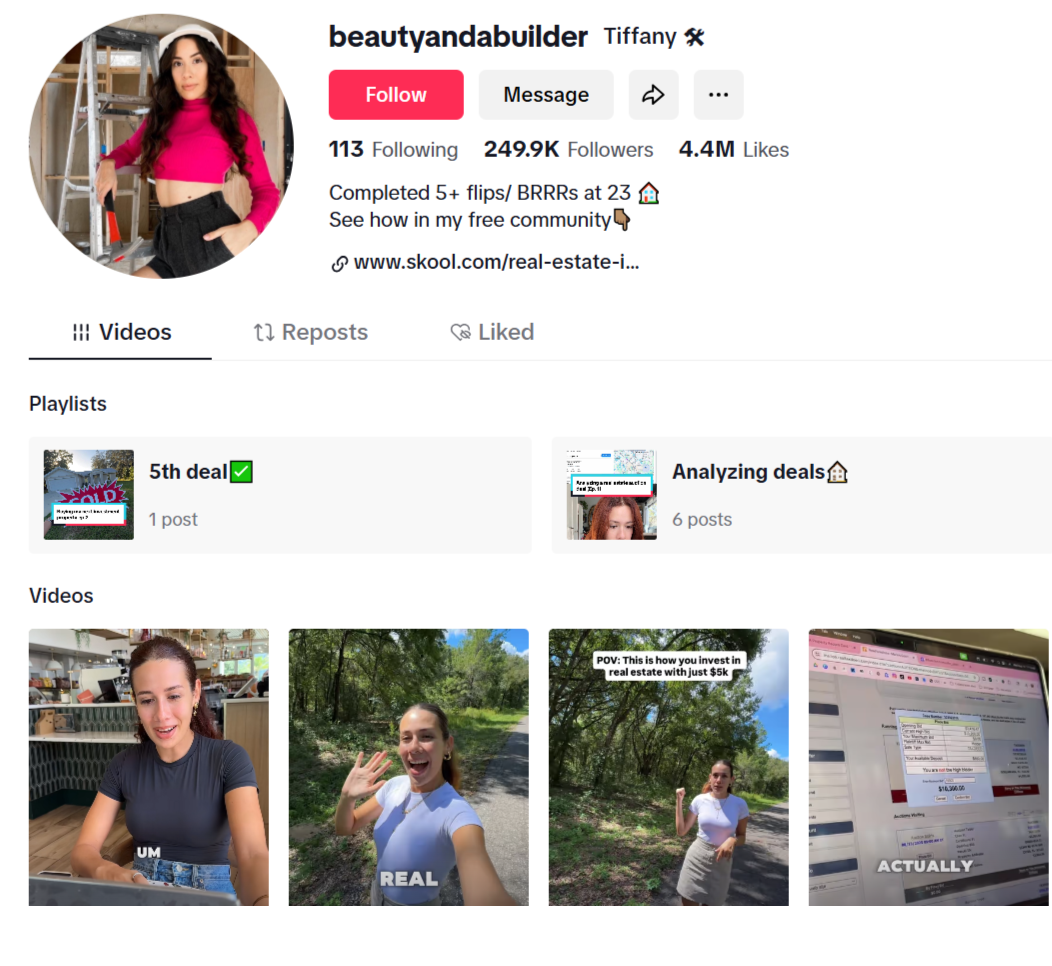 A TikTok profile of Tiffany Da Silva, a real estate investor with 249.9K followers, showcasing her videos and playlists. 