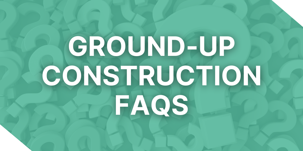 A background of many 3D question marks with a "Ground-up Construction FAQs" text overlay.