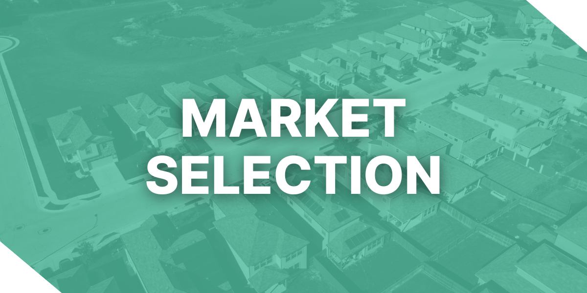 An aerial view of a suburban neighborhood with many completed ground-up construction houses and a "Market Selection" text overlay.