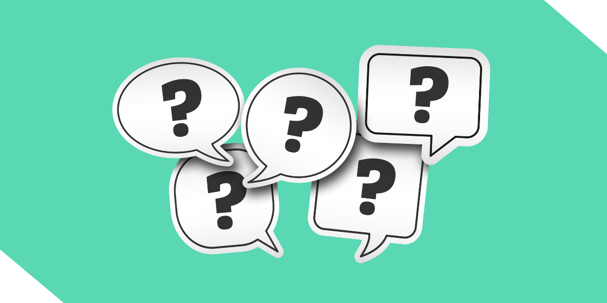 Multiple white speech bubbles containing black question marks are layered over a teal background, symbolizing questions to ask when hiring a contractor for a ground-up construction project with Kiavi real estate investing financing.