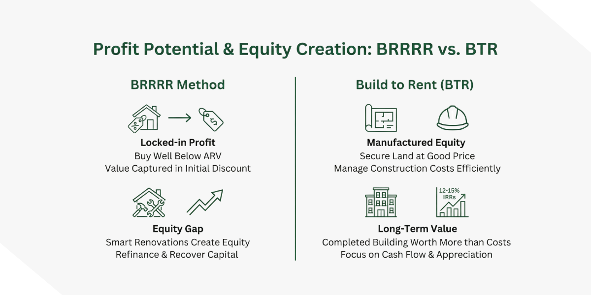 Comparison of BRRRR Method and Build-to-Rent (BTR) for profit and equity potential.