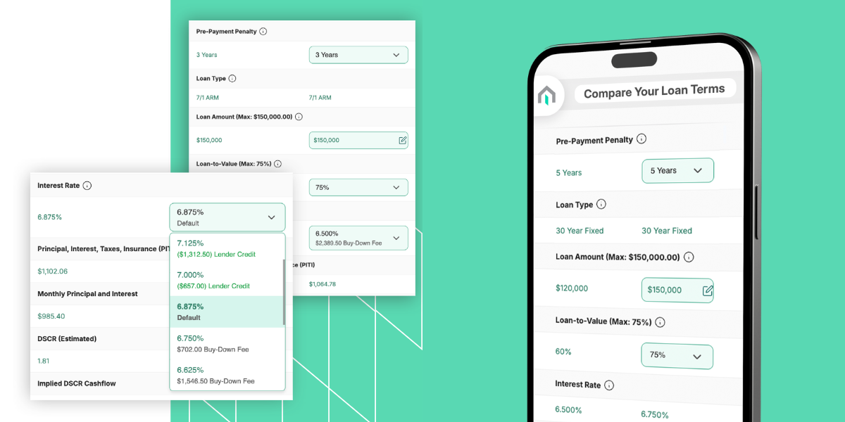 Interface for comparing real estate financing and loan payments on Kiavi's AI-powered platform.