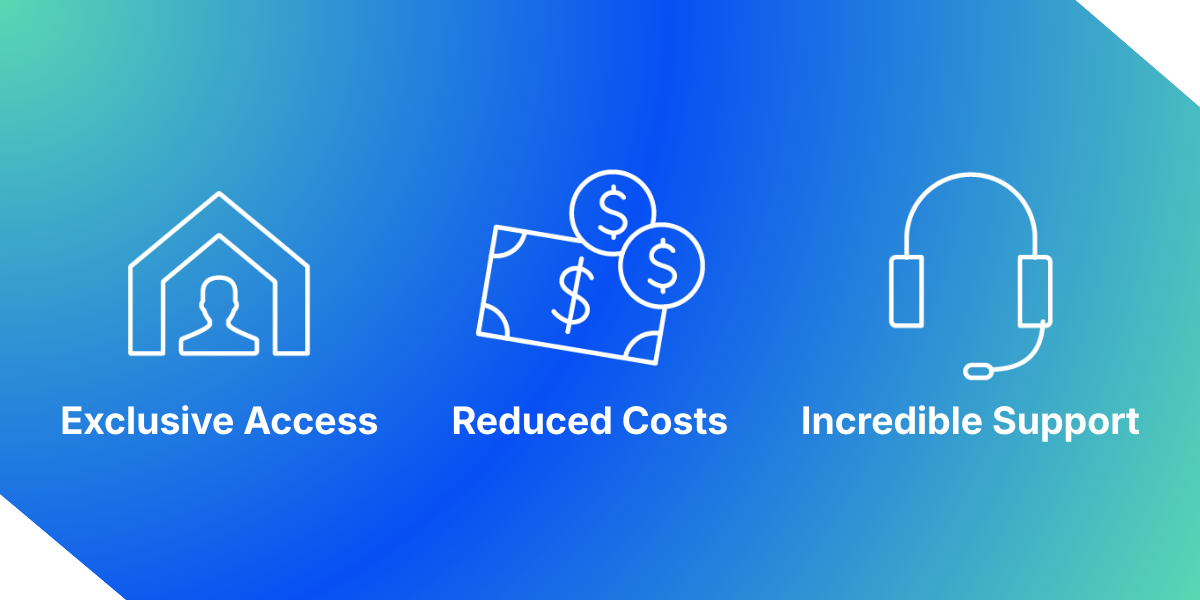 Icons representing exclusive access, reduced costs, and support for Kiavi real estate investment partners.