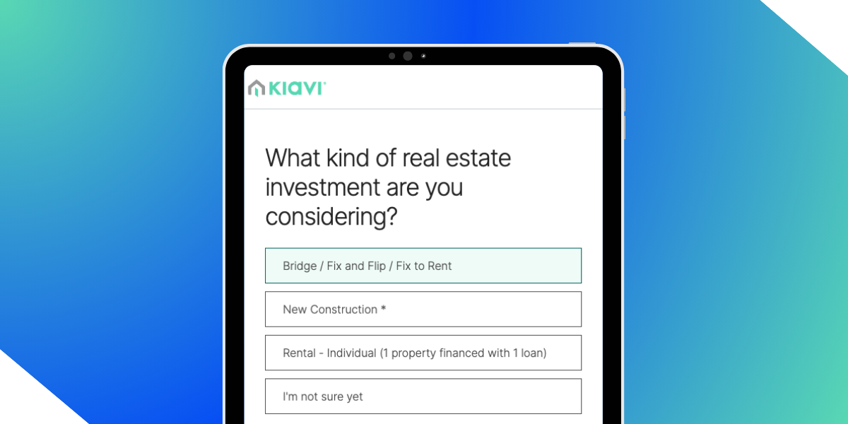 Kiavi AI-powered platform showing loan options for fix-and-flip and DSCR/Rental loan real estate investments.