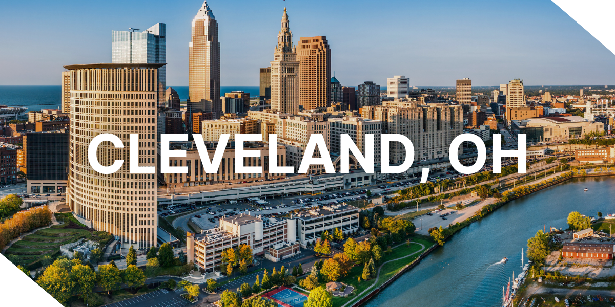 Aerial view of Cleveland Ohio, a potential growth market for investors using Kiavi real estate financing.