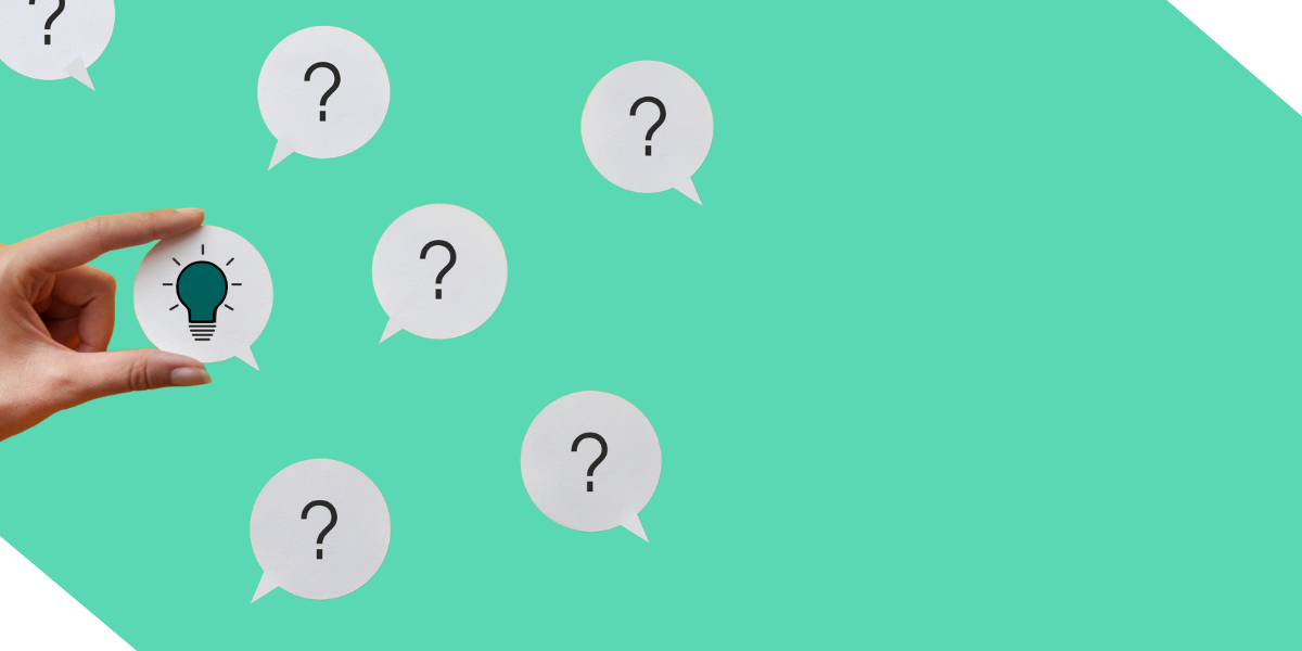 A hand holding a lightbulb icon among speech bubbles with question marks on a green background to represent frequently asked questions.