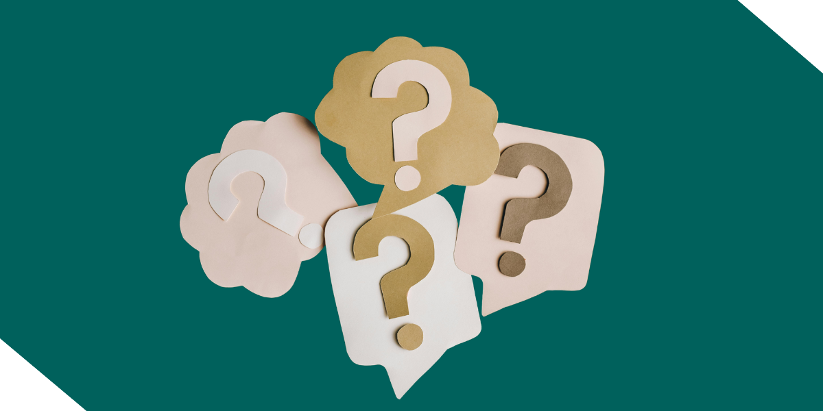 Cutout speech bubbles with question marks on a green background for a Frequently Asked Questions (FAQ) section.