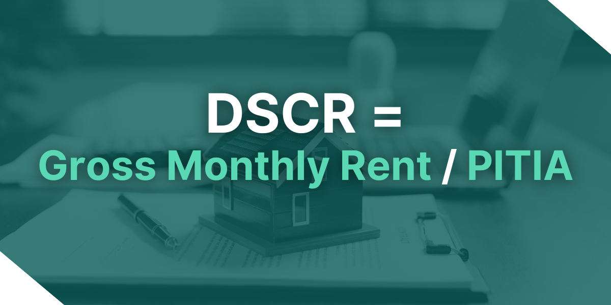 DSCR formula for real estate investing overlaid on a house model and documents from Kiavi.