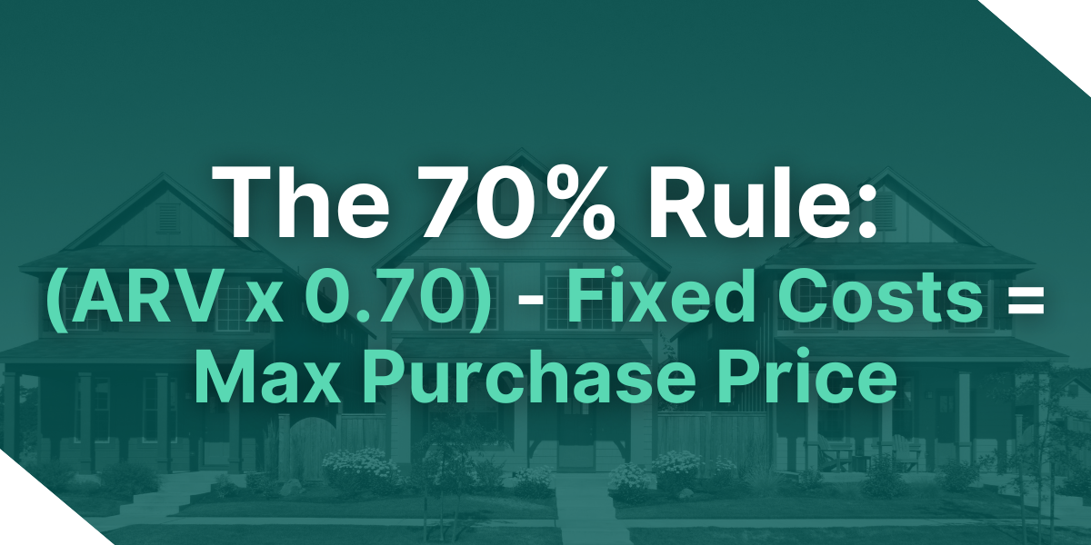 Text explaining "The 70% Rule" for calculating purchase price over a background of three suburban real estate investment properties.