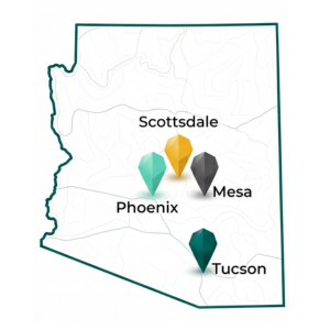 Arizona real estate market map highlighting top fix-and-flip and rental property investment locations including Phoenix, Scottsdale, Mesa, and Tucson.