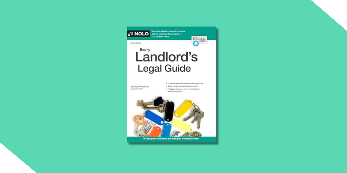 Book cover of 'Every Landlord's Legal Guide' by Marcia Stewart with colorful keys displayed set against Kiavi's signature seafoam green background.