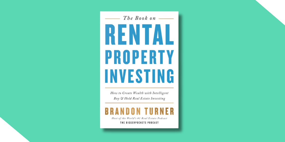 Cover of the book 'Rental Property Investing' by Brandon Turner, featuring blue and gold text.  set against Kiavi's signature seafoam green background.