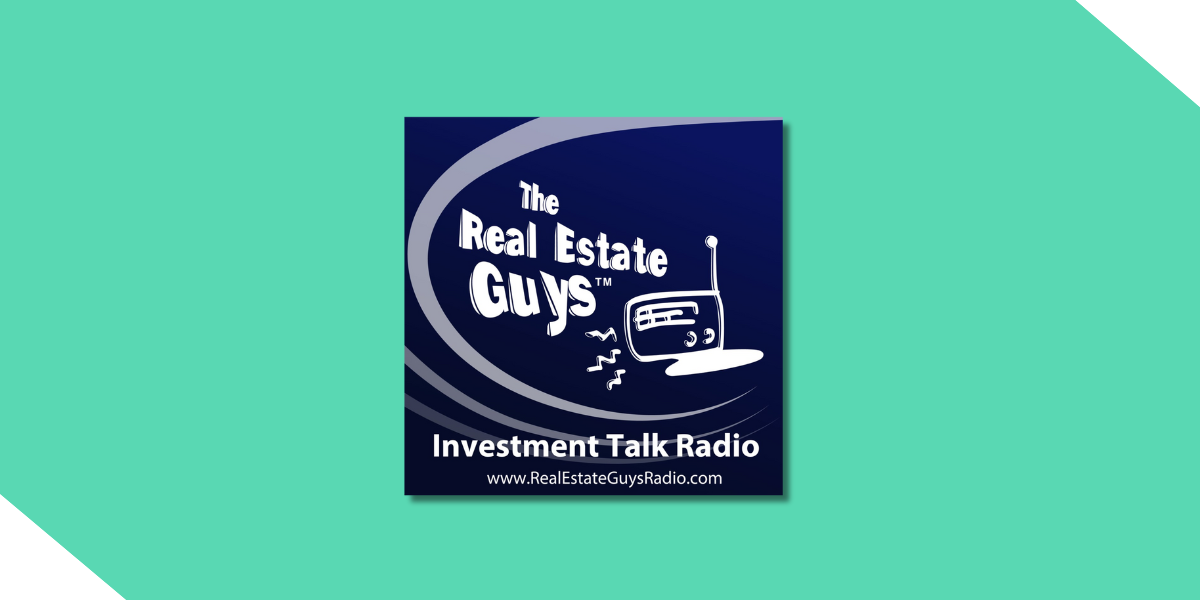 The Real Estate Guys podcast logo set against Kiavi's signature seafoam green background.