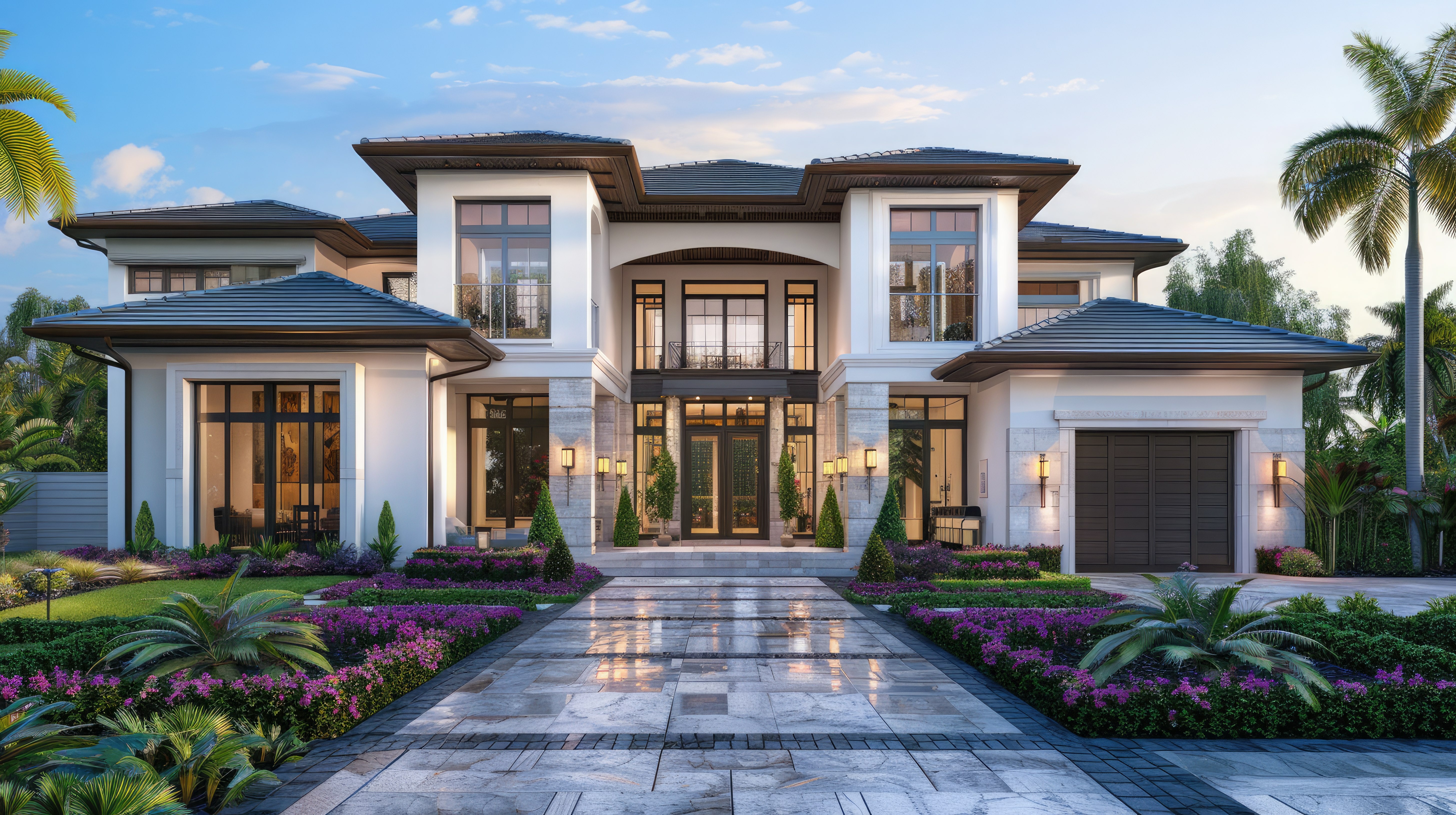 A modern two-story house with large windows, lush landscaping, and a stone pathway.