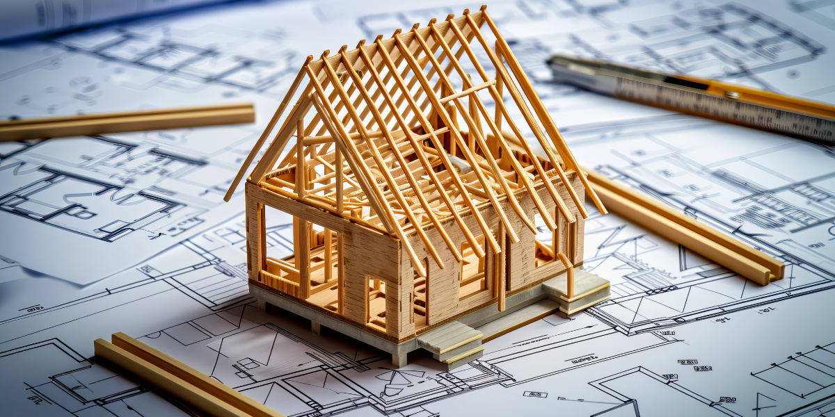 Wooden house frame blueprints for ground-up construction projects funded with Kiavi real estate investing financing.