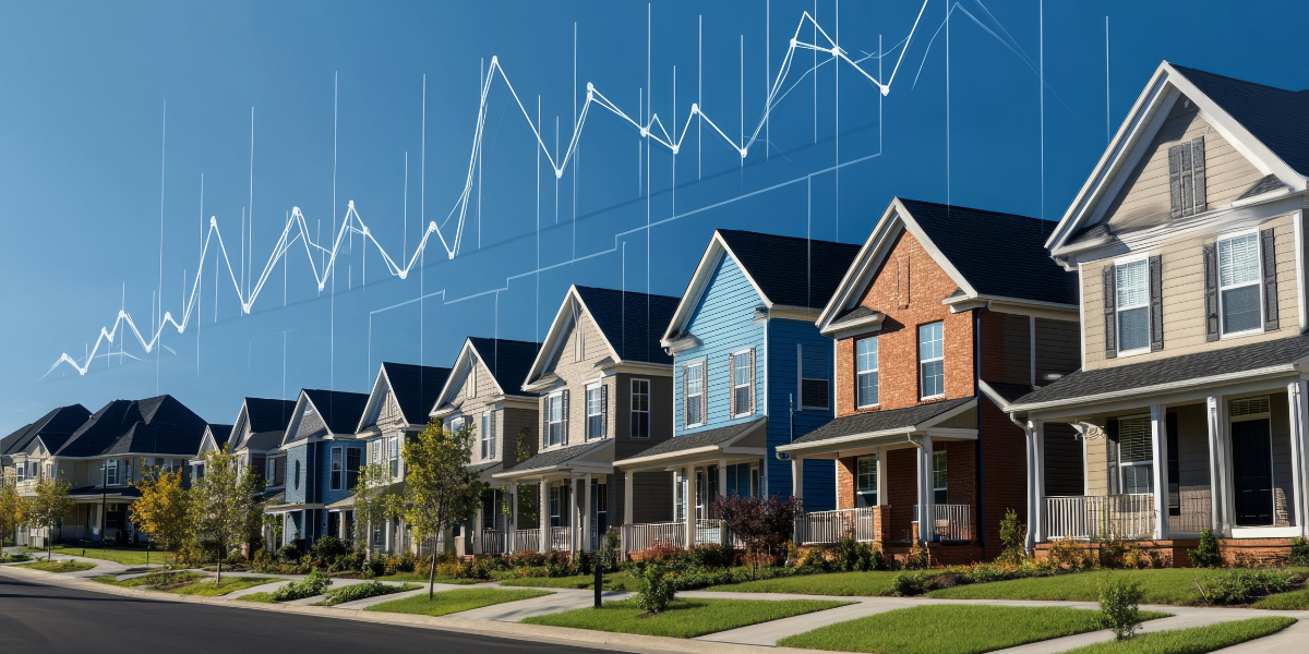 A housing market data chart over modern homes financed with Kiavi fix-and-flip property financing.