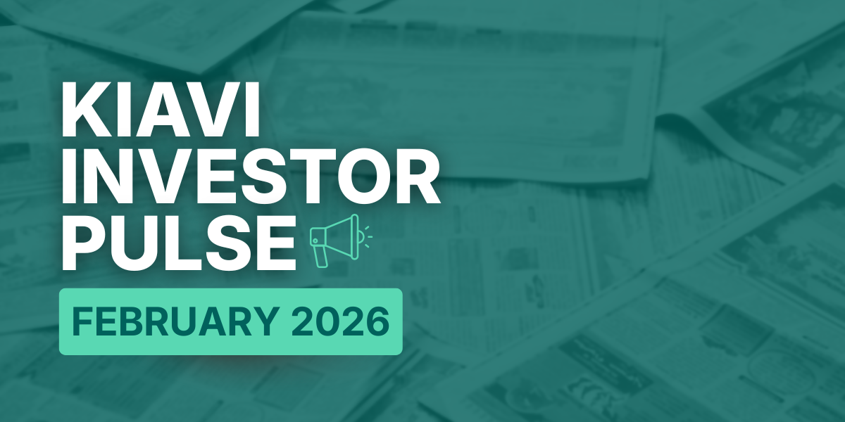 A teal-tinted graphic featuring a megaphone icon and newspapers, announcing the February 2026 Kiavi Investor Pulse.