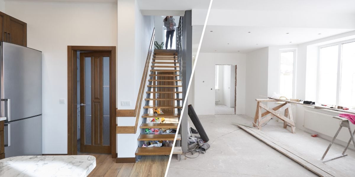 Split-view image contrasting a completed, furnished kitchen on the left with an ongoing renovation process of a living room on the right, illustrating a real estate investment upgrade.
