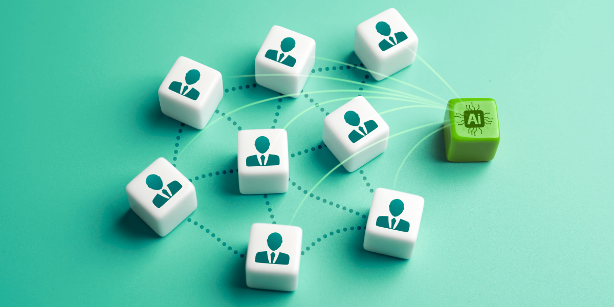 White cubes with person icons connect to a green AI cube, set on a Kiavi seafoam green background.