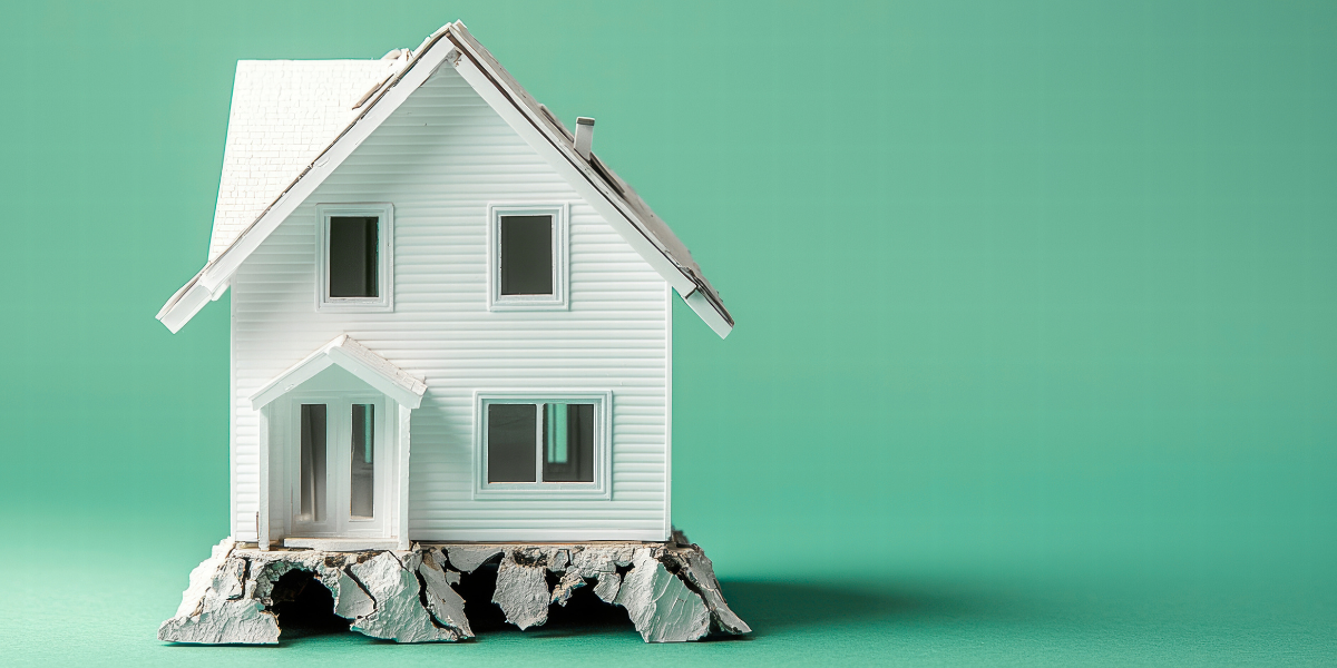 A white model real estate investment house on a rocky foundation, standing against a seafoam green background.