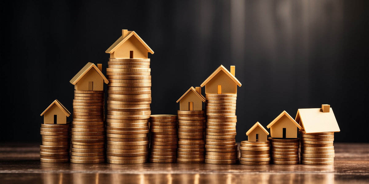 Stacks of coins topped with small yellow houses symbolize the increasing value of rental real estate, made possible through a rental portfolio loan.