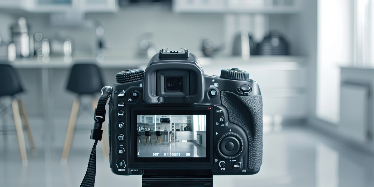 A DSLR camera on a tripod takes staging photos of a modern kitchen in a recently listed fix-and-flip property.