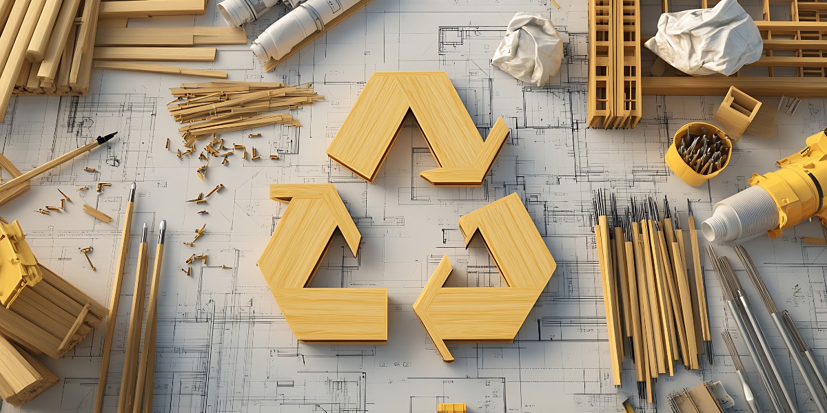Wooden recycling symbol on a ground up real estate investment blueprint, surrounded by tools and sustainable building materials.