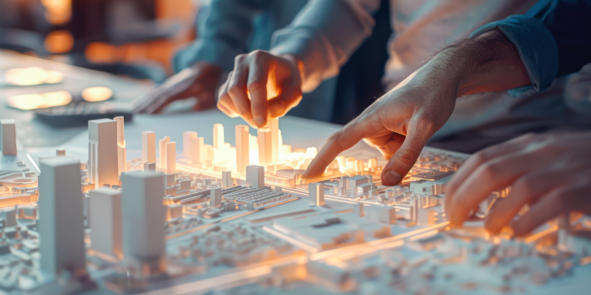 Two real estate investors collaborating on an urban development project, focusing on infill and new construction, as they examine a detailed architectural model of a city.